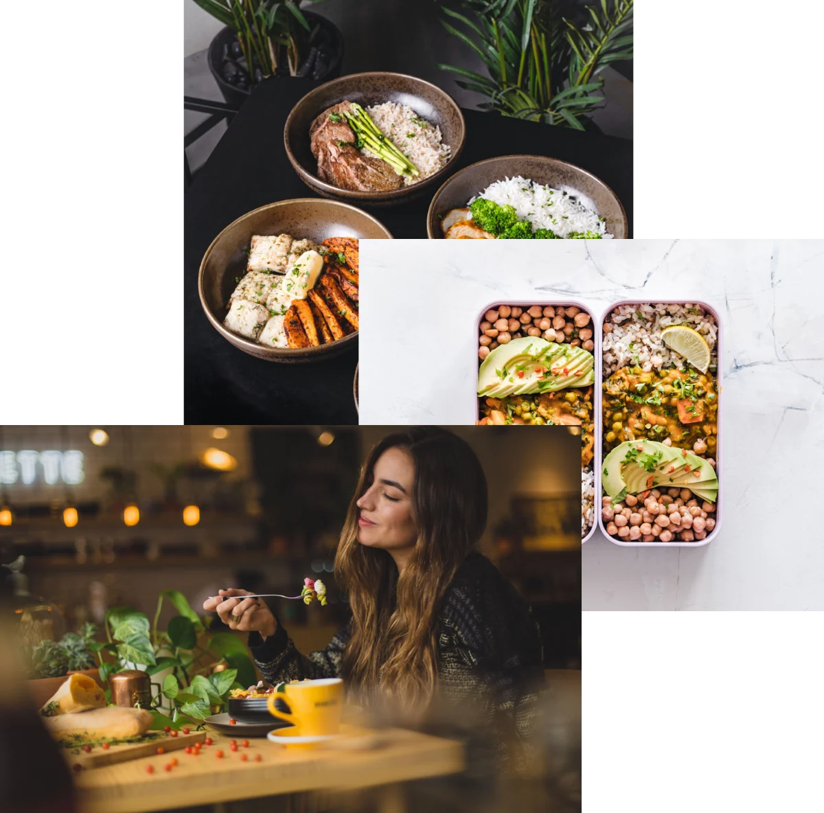 Woman enjoying food, meals in storage container,
food bowls on table and healthy-food-compilation